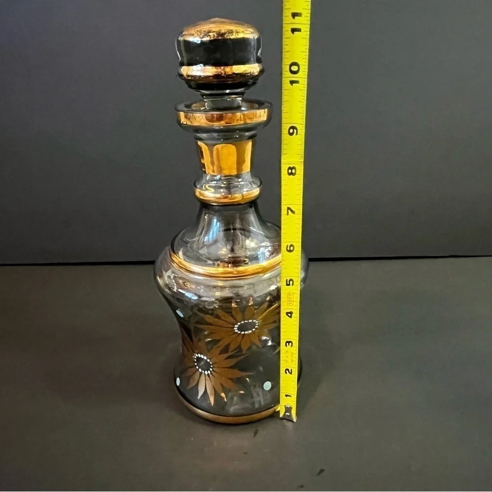 Floral Gold Gilt Glass Wine Liquor Decanter Mid Century Mad Men Bar Cart Painted